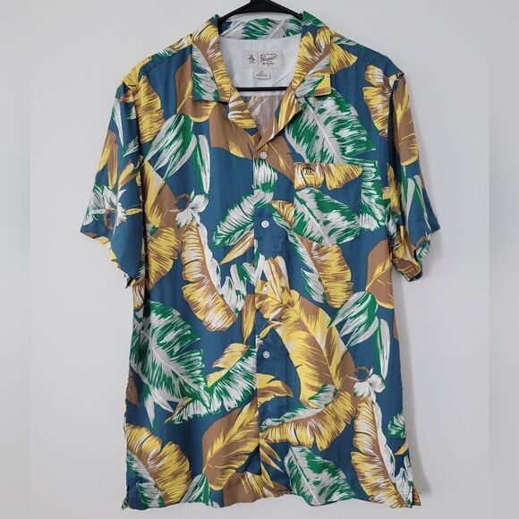 Original Penguin Palm Fronds Pront Short Sleeve Button Shirt Men's NWOT - Picture 1 of 8